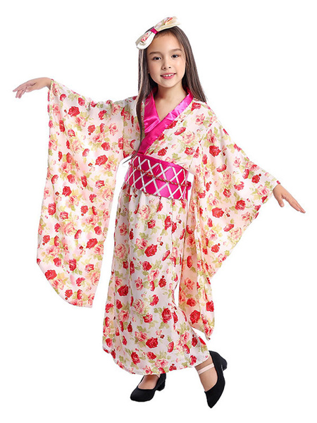 Milanoo Halloween Japanses Costume Floral Print Bow 3 Piece Kid Kimono Set