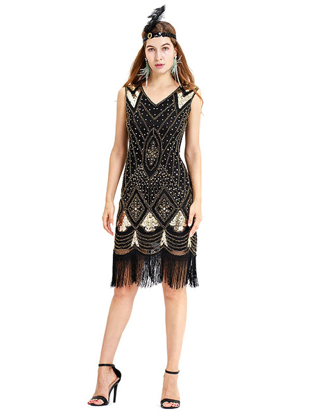 Milanoo Great Gatsby Costume Black Gold Fringe Sequins Vintage 1920s Fashion Style Flapper Dress Out