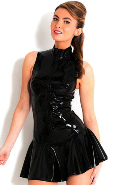 Milanoo Black Patent Leather Dress Sleeveless Shiny Metallic Dress