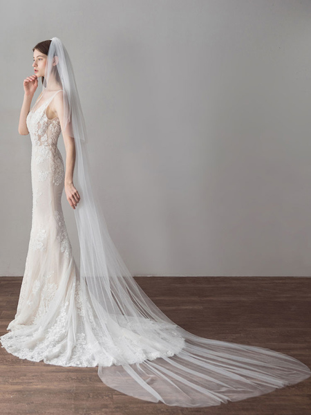 Milanoo Tulle Wedding Veil Ivory Two Tier Cut Edge Waterfall Bridal Veils