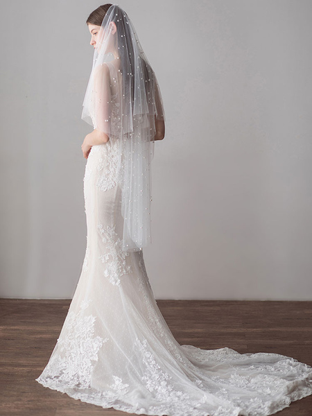 Image of Tulle Wedding Veil Ivory One Tier Pearls Tulle Cut Edge Bridal Veils