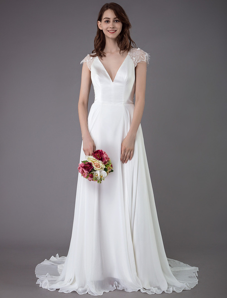 Milanoo Beach Wedding Dresses Lace Satin A Line Ivory Luxury Back Cross High Split Summer Bridal Gow