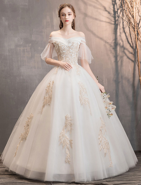 Milanoo Princess Wedding Dress Ivory Off The Shoulder Floor Length Bridal Gown