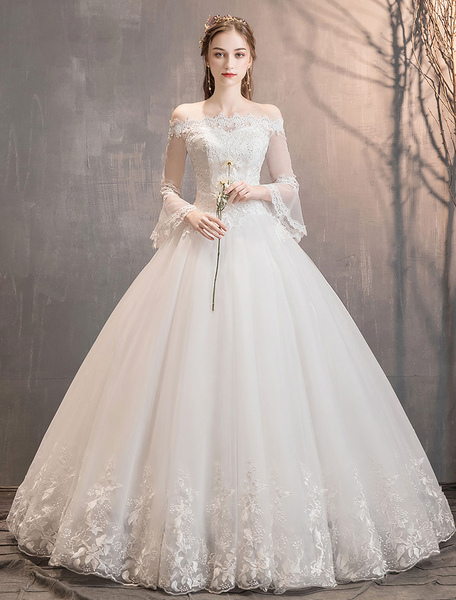 Milanoo Lace Wedding Dresses Ivory Off The Shoulder Lace Applique Princess Bridal Gown
