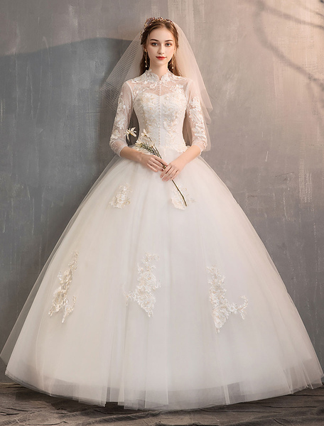 Milanoo Tulle Wedding Dresses Ivory Illusion Neckline Half Sleeve Floor Length Princess Bridal Dress