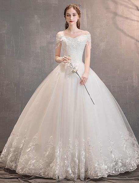 Milanoo Tulle Wedding Dresses Princess Bridal Gown Off The Shoulder Lace Applique Floor Length Ball