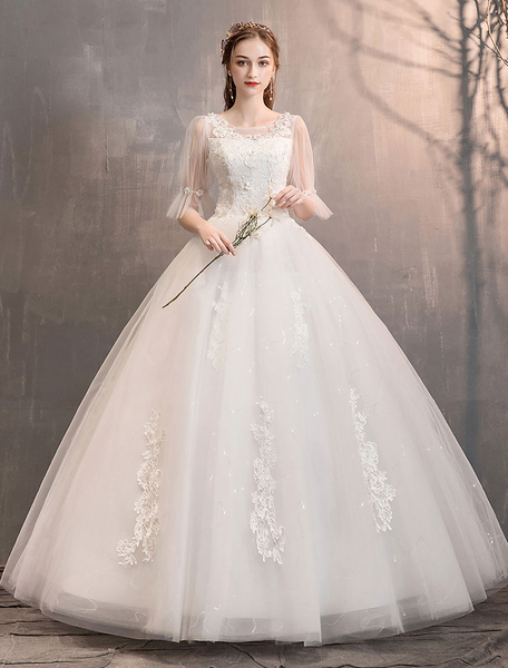 Milanoo Tulle Wedding Dress Ivory Lace Applique Flower Detail Half Sleeve Princess Bridal Gown