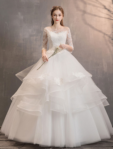 Milanoo Ivory Wedding Dresses Tulle Illusion Neckline Half Sleeve Floor Length Princess Bridal Gown