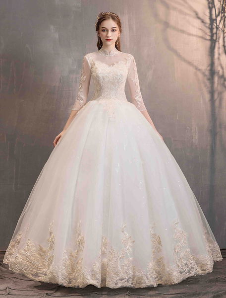 Milanoo Tulle Wedding Dresses Princess Bridal Gown Illusion Collar Half Sleeve Floor Length Bridal D