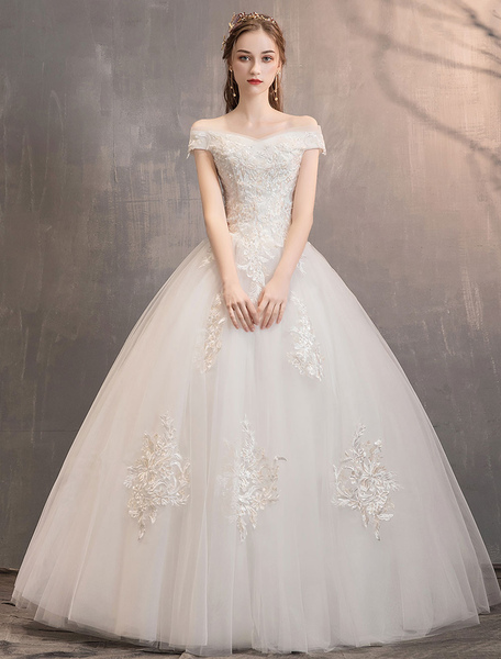 Milanoo Ivory Wedding Dresses Tulle Off The Shoulder Lace Applique Floor Length Princess Bridal Gown