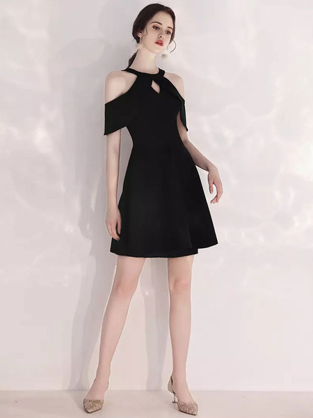 Image of Little Black Dress Chic Halter Short Sleeves A Line Zipper Knee Length Formal Party Cocktail Dresses
