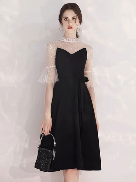 Image of Little Black Dress 2020 Chic High Collar Short Sleeves Sash A Line Zipper Knee Length Polka Dot Tulle Party Dresses