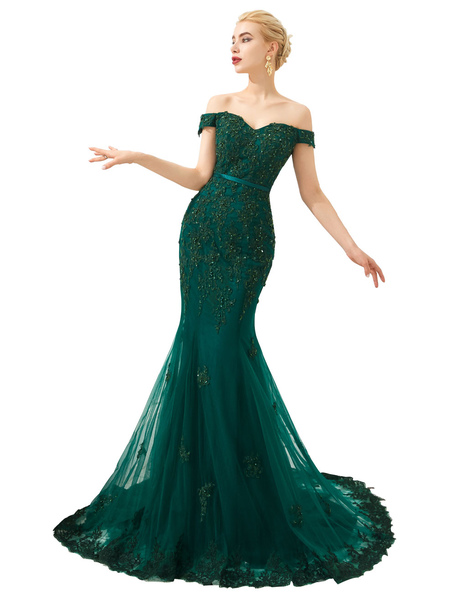 Milanoo Evening Dress 2021 Luxury Handmade Beading Mermaid Off Shoulder Short Sleeve Formal Dinner D