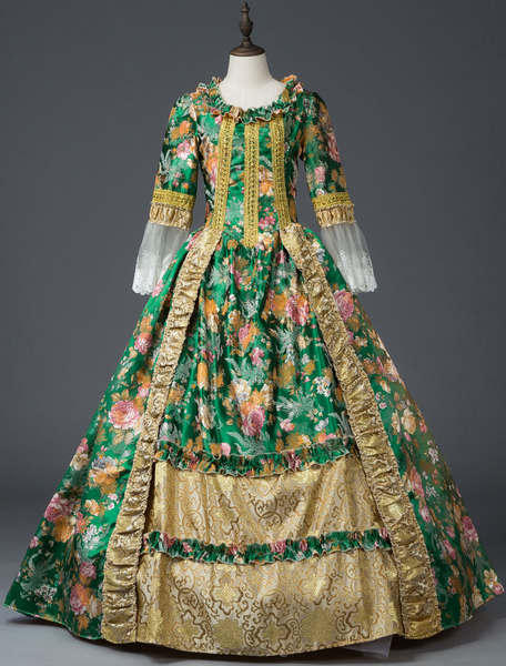 Milanoo Victorian Dress Costume Women's Green Retro Costumes Lace Bow Floral Print Rococo Dress Wome