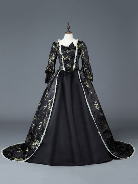 Milanoo Victorian Dress Costume Women's Dark Black Matte Satin Floral Print Dress Marie Antoinette C