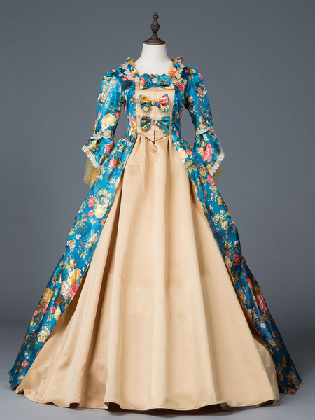 Milanoo Victorian Dress Costume Women's Teal Floral Print Bow Ruffle Matte Satin Set Marie Antoinett