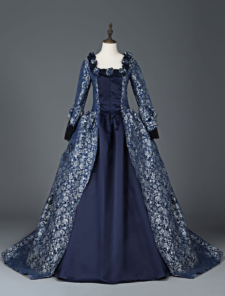 Milanoo Victorian Dress Costume Women's Marie Antoinette Dark Navy Ball Gown Floral Print Square Nec
