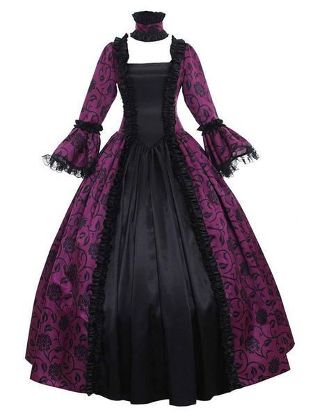 Milanoo Victorian Dress Costume Women's Purple Long Sleeves Square Neckline Flower Print Ball Gown w