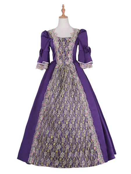 Milanoo Victorian Dress Costume Women's Purple Half Sleeves Square Neckline Flower Print Ball Gown V