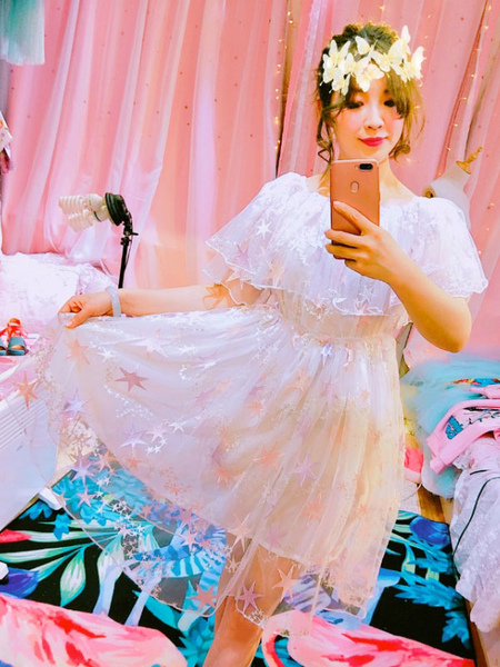 Milanoo Sweet Lolita OP Dress Stars Print Pink Ruffles Lolita One Piece Dresses