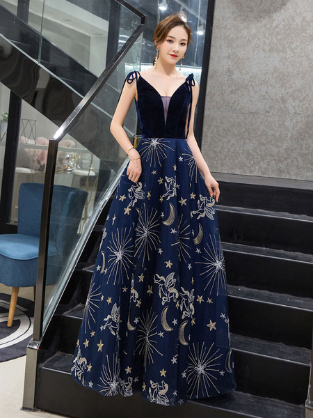 Milanoo Prom Dress 2021 Constellation Dress A Line V Neck Sleeveless Floor Length Velour Lace Formal