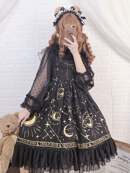 Image of Sweet Lolita JSK Dress Black Planet Ruffle Pleated Lolita Jumper Skirts