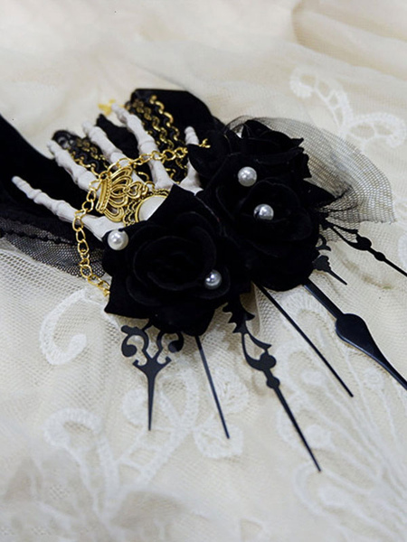Image of Gothic Lolita Headwear Black Skeleton Hand Bone Chains Pizzo Lolita Accessori per capelli