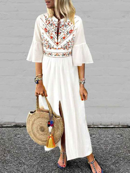 Milanoo Boho Maxi Dresses White Oversized Half Sleeves Long Summer Dress