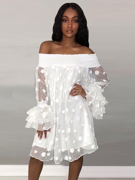 Image of Oversized Shift Dresses White Off The Shoulder Lace Tulle Midi Dress