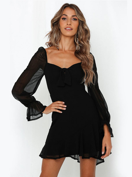 Image of Black Mini Dresses Long Sleeves Chiffon Short Dress