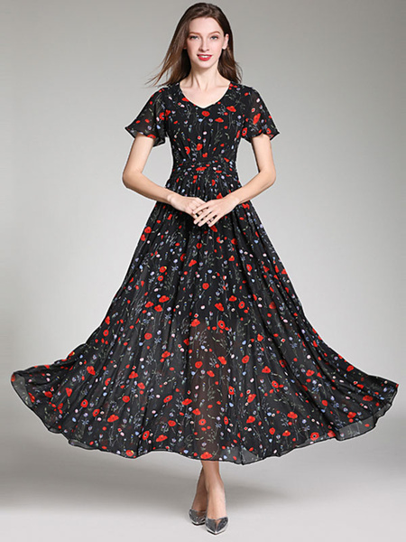 Image of Maxi Dresses Casual V-Neck Zipper Short Sleeves Black Floral Print >120cm Maxi Shaping Chiffon Floor Length Dress