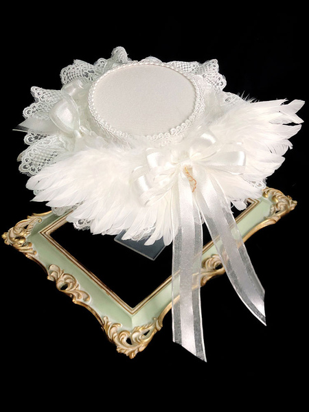 Image of Lolita Wedding Hat White Bows Feathers Lace Lolita Accessori