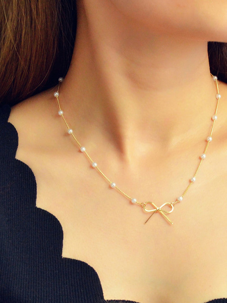 Image of Fashion Necklace For Women Charming Chic Imitation Pearl Bow Women Jewelry