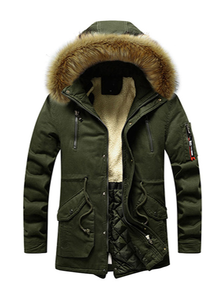 Image of Men's Parka Outdoor Hooded Coat With Pockets And Faux Fur For Winter