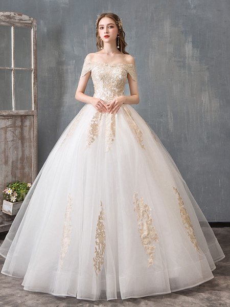 Milanoo Wedding Dresses 2021 Ball Gown Off Shoulder Golden Lace Appliqued Floor Length Bridal Dress
