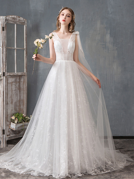 Milanoo Summer Wedding Dresses 2021 Boho Beach A Line Bridal Dress Lace Applique Tulle Bridal Gown W