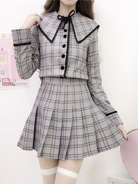 Image of Academic Lolita Outfits Light Gray Buttons Pleated Bows Plaid Long Sleeves Mini Skirt Overcoat
