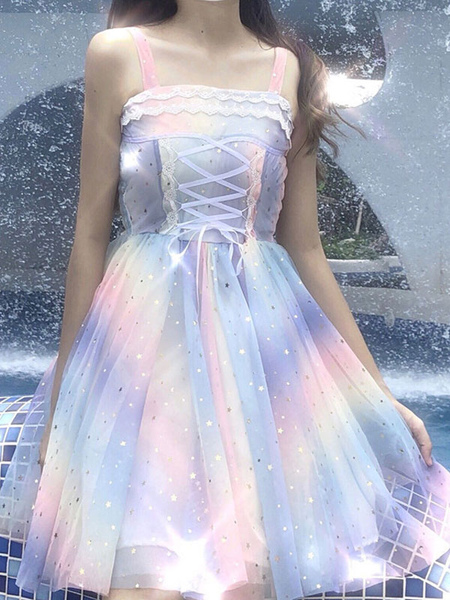 Milanoo Sweet Lolita JSK Dress Stepping On The Rainbow Stars Print Bows Sequins Light Sky Blue Lolit