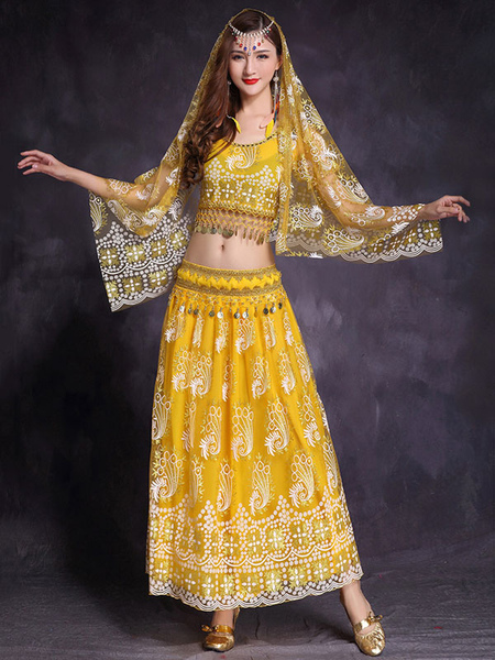 Milanoo Belly Dance Costumes Yellow Woman Belly Dancer Embroidered Sequins Tulle Performance Dress