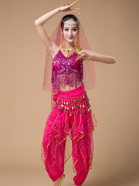 Image of Carnevale Costumi di Danza del Ventre 2024 con Frange di Paillettes Rosa A Pois Danzatrice del Ventre Tulle Abbigliamento da Danza del Ventre per Donna Halloween