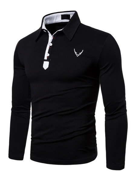 Image of Polo Shirt For Men Black Turndown Collar Long Sleeves Casual T Shirt