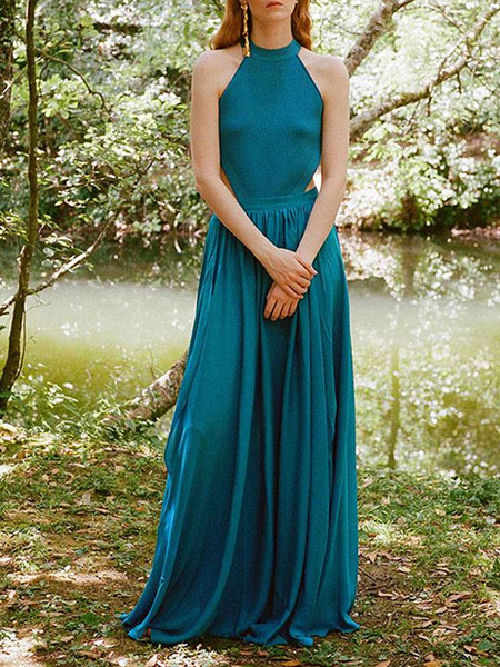 Image of Blue Maxi Dress Backless Sleeveless Elastic Crepe Long Women Dress
