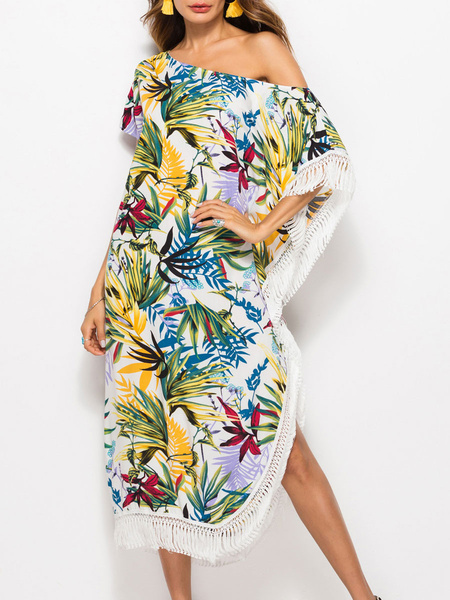 Image of Women Tunic Dress Short Sleeve Asymmetrical Eyelash Loose Dress With Tropical Print
