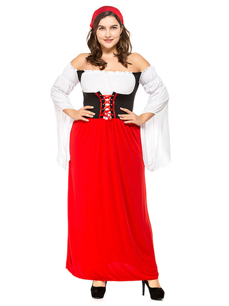 Image of Carnevale Costumi di Halloween Costume da ragazza di birra Abito con volant multicolore rosso Costumi di vacanze di ragazza di birra di seta di latte Costumi di Oktoberfest Halloween