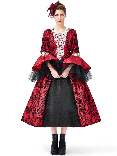 Milanoo Victorian Dress Costume Retro Costumes Lace Tulle Printed Red Dress Women's Trumpet Long Sle