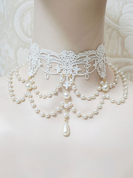 collier lolita perles blanches robe de mariage lolita poly coton mélange déguisements halloween