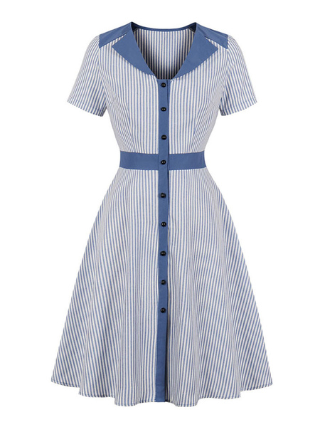 Milanoo Vintage Dress Women Stripes Turndown Collar Buttons Short Sleeves 1950s Midi Retro Dresses