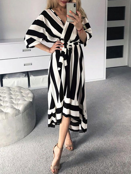 Image of Maxi Dresses Black Half Sleeves Stripes V Neck Maxi Floor Length Dress