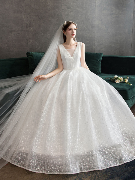 Milanoo Ivory Wedding Dress Tulle Beaded V Neck Sleeveless Floor Length Princess Bridal Gown