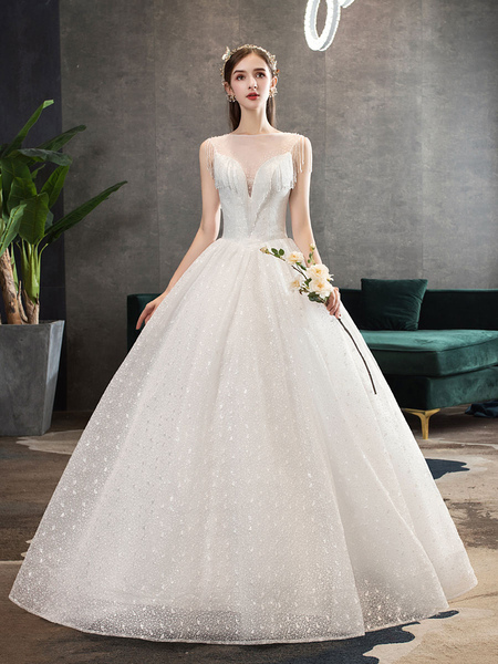 Milanoo Princess Wedding Dresses Ivory Illusion Neck Beaded Sleeveless Floor Length Bridal Gown